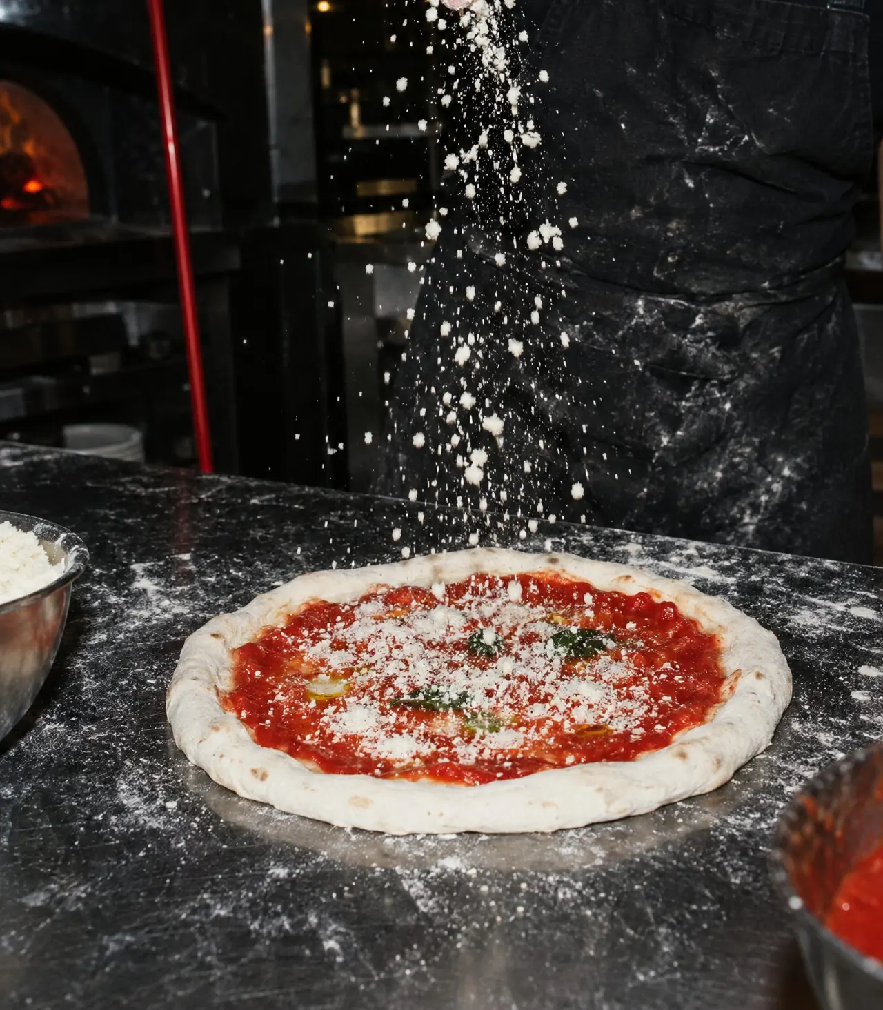 Pizzaiolo polvilhando queijo sobre uma pizza aberta