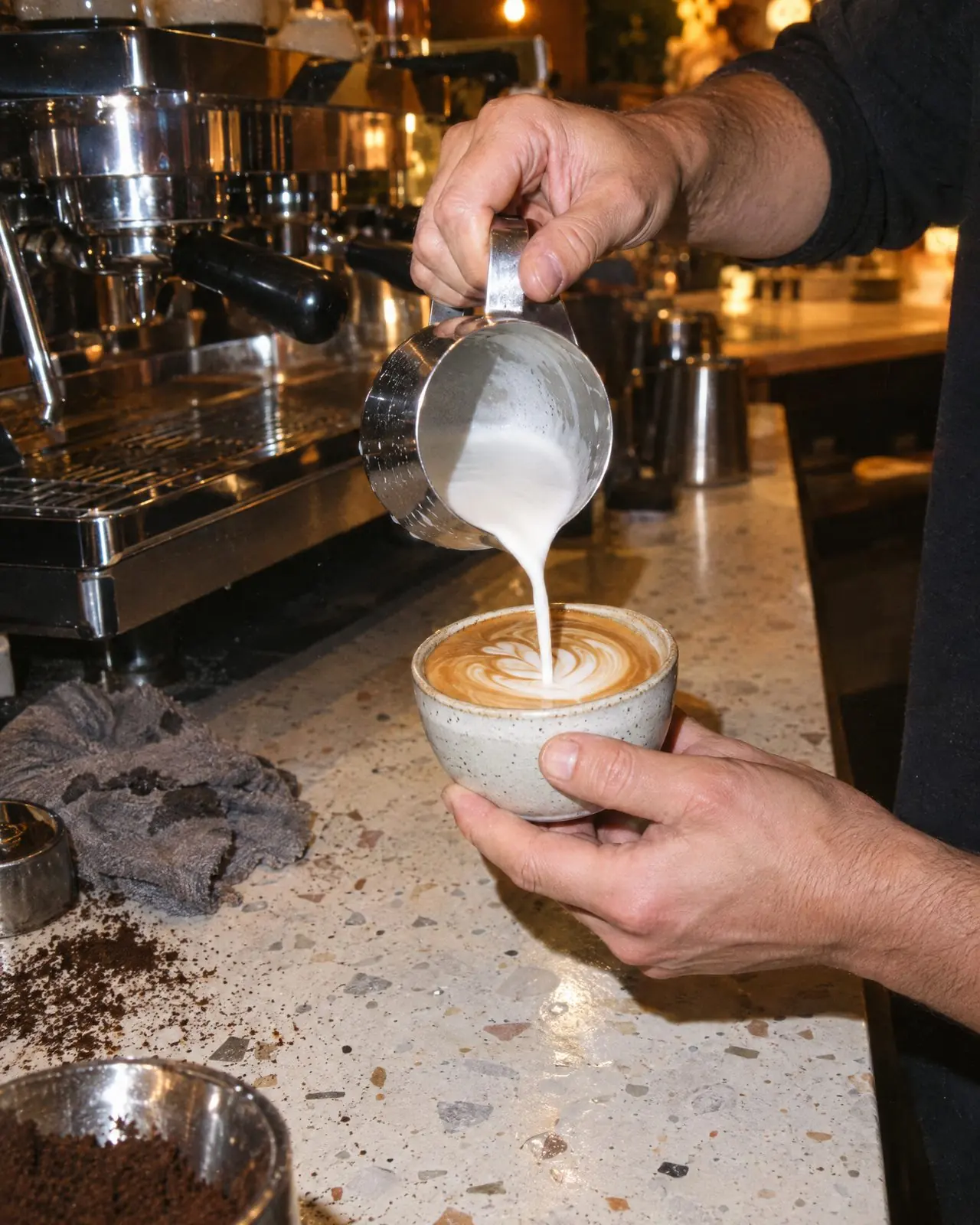 Barista servindo latte art num balcão de granilite