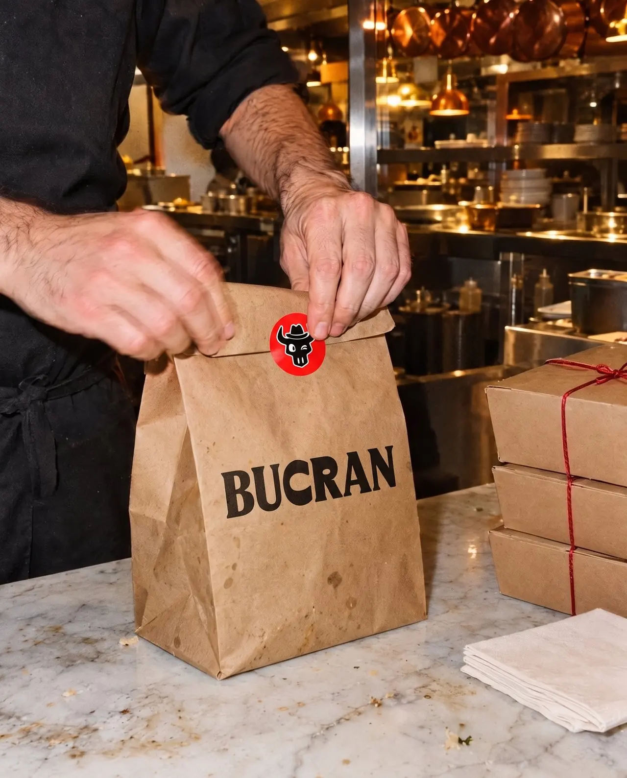 Mãos fechando um saco kraft com o logo da BUCRAN, lacrado com um adesivo vermelho do crânio piscando